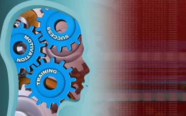 kırmızı bir arka plan üzerinde vites ile baş profil 3D çizimi 