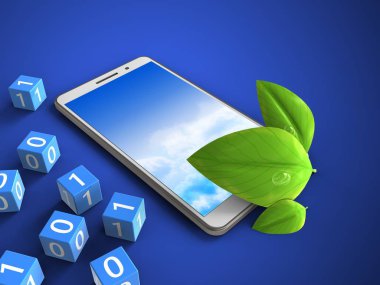 ikili küpleri ve yaprakları mavi arka plan üzerinde beyaz telefon 3D çizimi 