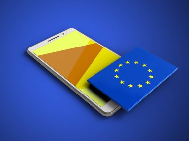 AB bayrağı mavi arka plan üzerinde beyaz telefon 3D çizimi 