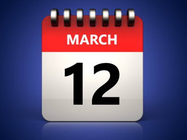 mavi arka plan üzerinde 12 Mart takvim 3B çizimi