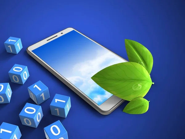 3d illustration of white phone with binary cubes and leaves over blue background