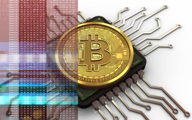 bitcoin beyaz arka plan bilgisayar çipi ile 3D çizimi 