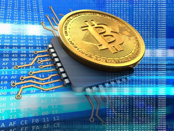 mavi cyber arka plan üzerinde cpu ile bitcoin 3D çizimi 