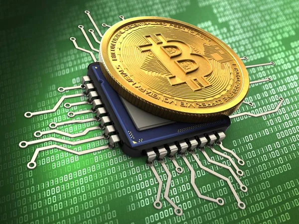 yeşil arka plan üzerinde cpu ile bitcoin 3D çizimi 