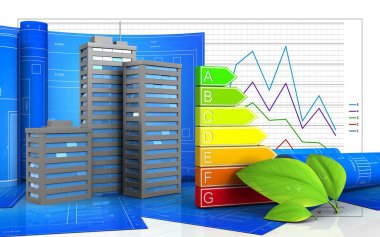 çizim ile şehir binaların 3D illüstrasyon iş grafik arka planı üzerinde rulo