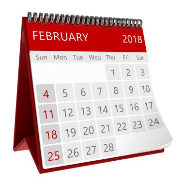 3D fiske vurmak sayfa takvim Şubat 2018 yıl, yakın çekim gösterimi 