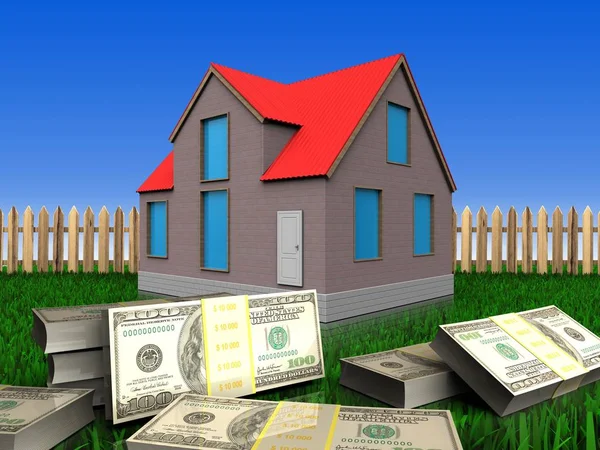 3d illustration of house with banknotes over lawn and fence background