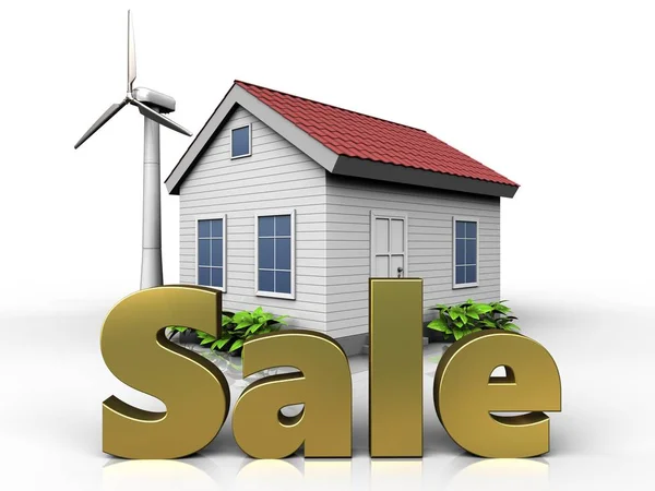 Иллюстрация Дома Ветряной Энергии Табличкой Продажи Белом Фоне Стоковая Картинка