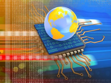 Dünya küre ve ikili kod içinde kod arka plan üzerinde bulunan elektronik kart 3D çizimi 