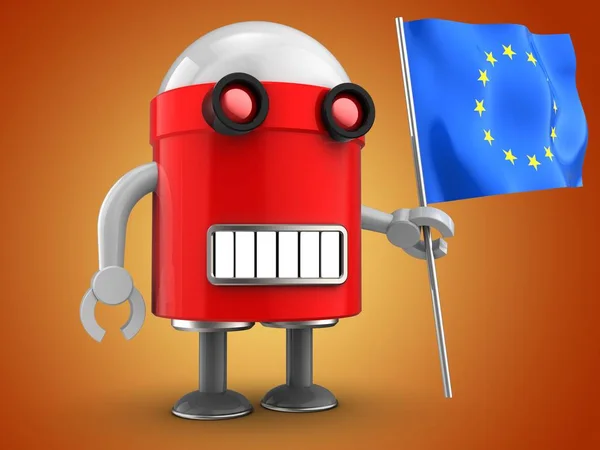 在橙色背景下使用欧盟国旗的机器人插图 — 图库照片