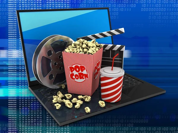 Ilustração Laptop Com Tela Azul Itens Cinema Sobre Fundo Digital — Fotografia de Stock