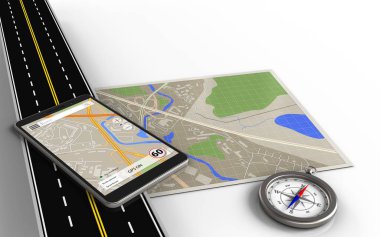 telefon navigasyon harita ve pusula beyaz arka plan üzerinde izole yol ile 3D çizimi
