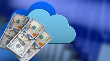 bulutlar mavi grafik arka planı üzerinde doları banknot ile 3D çizimi 