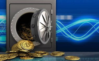 metal güvenli dijital üzerinde bitcoins yığın ile 3D resimde arka plan dalgalar