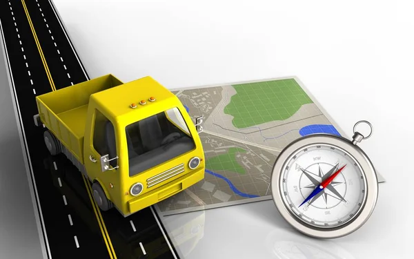 Ilustração Mapa Com Caminhão Amarelo Bússola Com Estrada Isolada Sobre — Fotografia de Stock