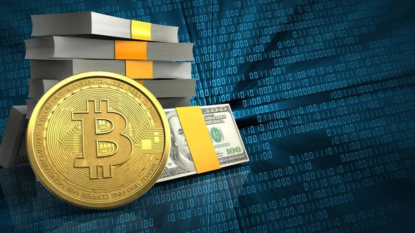 para yığını ile bitcoin ikili arka plan üzerinde 3D çizimi 