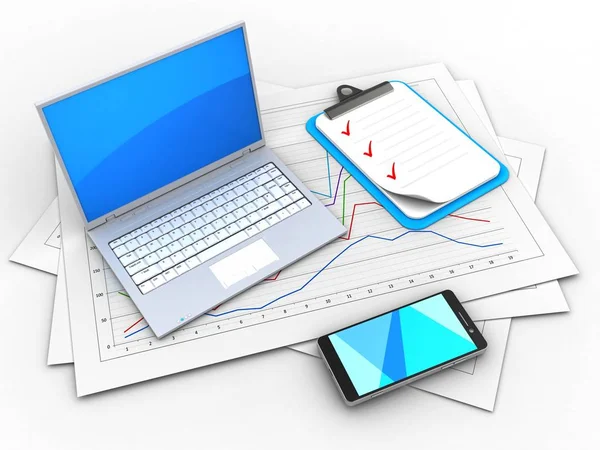 Obrázek Diagramu Papíry Laptop Schránky Nad Bílým Pozadím — Stock fotografie