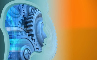 turuncu arka plan üzerinde mavi gears ile baş profil 3D çizimi 