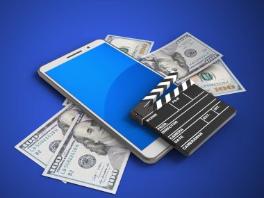 mavi arka plan üzerinde beyaz telefon ile banknot ve sinema 3D çizimi alkış 