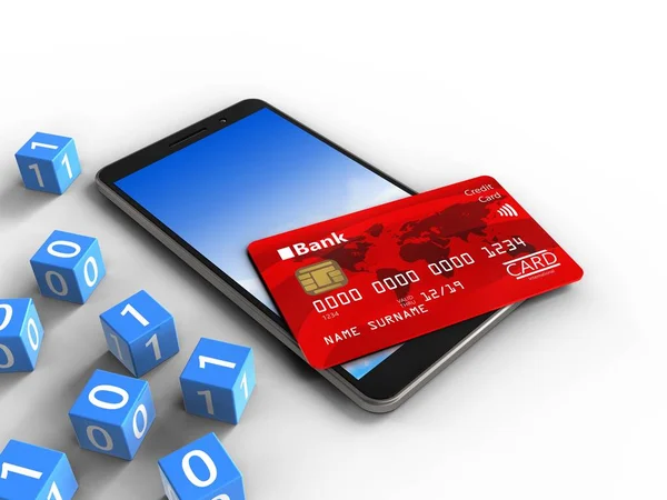 Ілюстрація Мобільного Телефону Бінарними Кубиками Кредитною Карткою Білому Тлі Ліцензійні Стокові Зображення