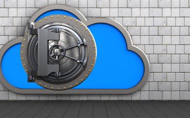 bulut beyaz taşlar arka plan üzerinde kasa kapısı ile 3D çizimi