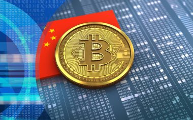 bitcoin onaltılık arka plan üzerinde Çin bayrağı ile 3D çizimi 