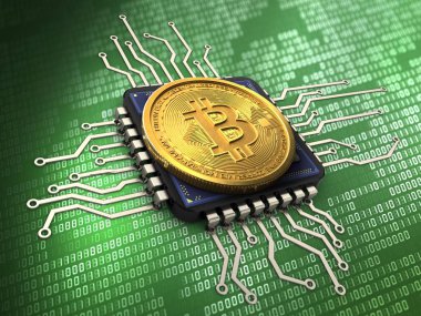 yeşil arka plan üzerinde cpu ile bitcoin 3D çizimi 