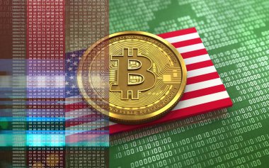 bitcoin yeşil ikili arka plan üzerinde ABD bayrağı ile 3D çizimi 
