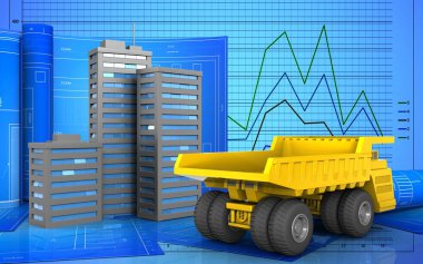 3D çizim çizim ile kamyon karoser ve şehir binaların rulo üzerinde grafik arka planı