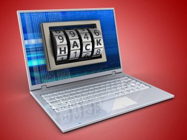 laptop ile dijital ekran ve kesmek kilit kırmızı bir arka plan üzerinde 3D çizimi 
