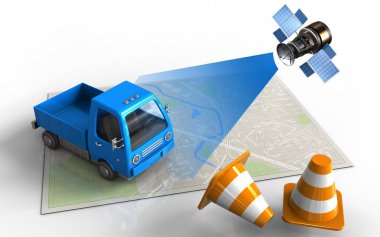 3D kamyon ve beyaz arka plan üzerinde izole uydu ile parlak harita gösterimi