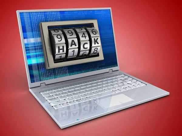 Ilustração Laptop Com Tela Digital Corte Bloqueio Sobre Fundo Vermelho — Fotografia de Stock
