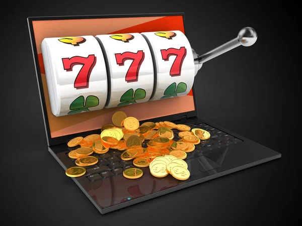 Illustration Von Laptop Mit Münzen Und Jackpot Auf Schwarzem Hintergrund — Stockfoto