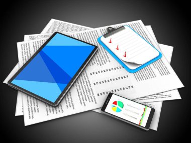 kağıtları ve tablet bilgisayar ile pano siyah arka plan üzerinde 3D çizimi 