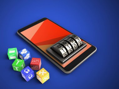 hareket eden telefon küpleri ve kilit ile 3D çizimi çevirmek mavi arka plan üzerinde 