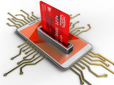 elektronik devre ve banka kartı beyaz arka plan üzerinde beyaz telefon 3D çizimi 