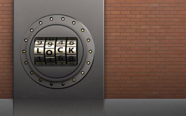 metal kutu kodu kilit kapı kırmızı tuğla arka plan üzerinde ile 3D çizimi