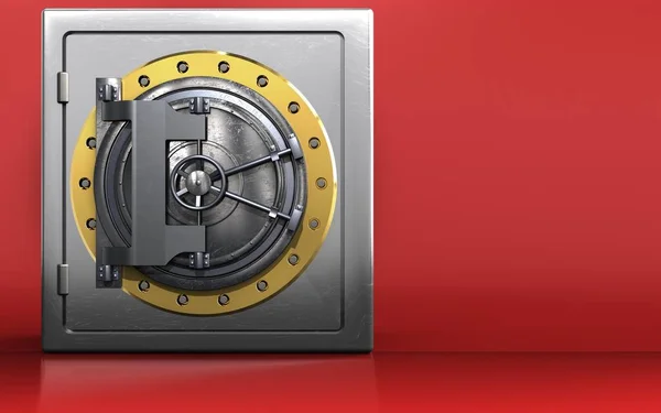 3d illustration of metal safe with vault door over red background