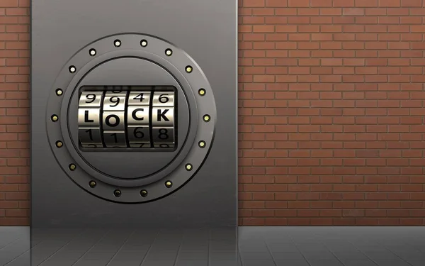 3d illustration of metal box with code lock door over red bricks background
