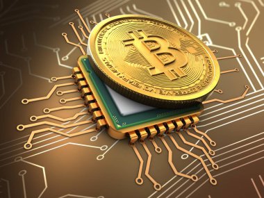 devre arka plan üzerinde cpu ile bitcoin 3D çizimi 