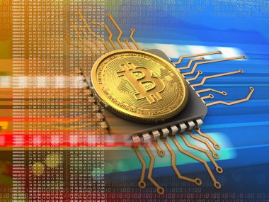 cyber arka plan üzerinde cpu ile bitcoin 3D çizimi 