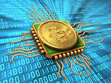 ikili arka plan üzerinde cpu ile bitcoin 3D çizimi 