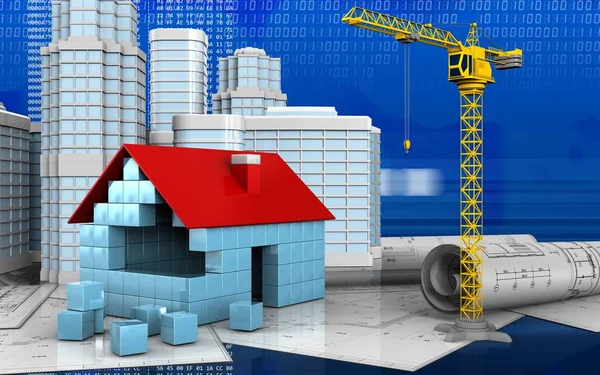 Illusztráció Ház Blokkok Építése Daru Városi Jelenet Alatt Digitális Háttere Stock Fotó