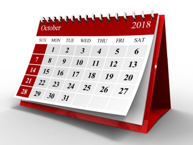 3D fiske vurmak sayfa takvim Ekim 2018 yıl, yakın çekim gösterimi 