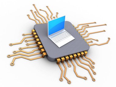 mikroçip beyaz arka plan üzerinde izole dizüstü bilgisayar ile 3D çizimi