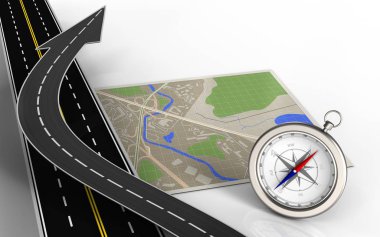 harita yol ok ve beyaz arka plan üzerinde izole pusula ile 3D çizimi