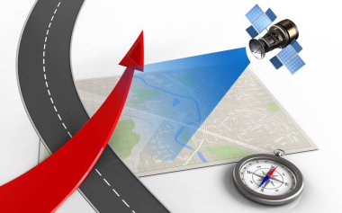 kırmızı ok ile parlak harita ve pusula beyaz arka plan üzerinde izole yol ile 3D çizimi