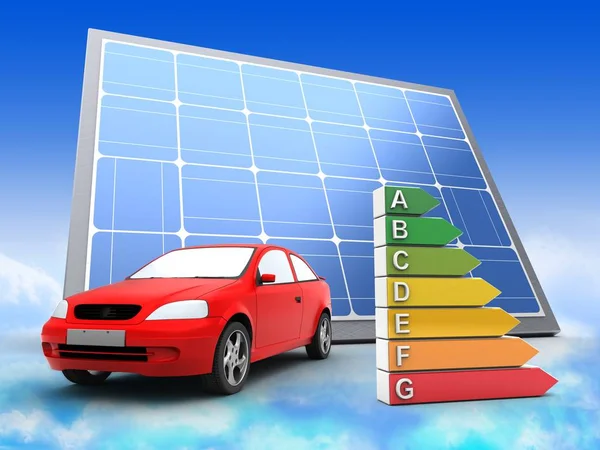 Illustratie Van Auto Met Zonnepaneel Efficiënte Gelederen Hemelachtergrond — Stockfoto