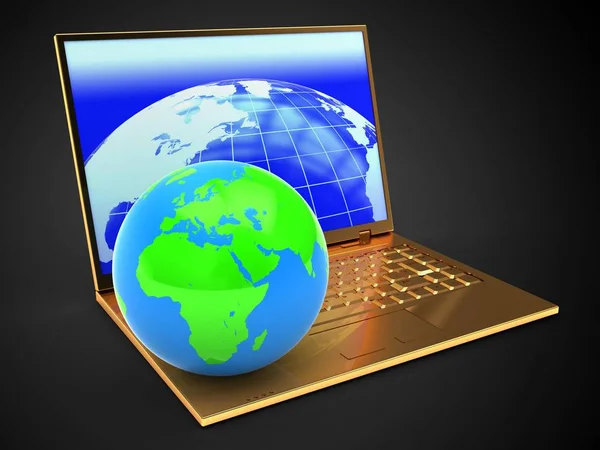 Illustratie Van Gouden Computer Met Aarde Scherm Globe Zwarte Achtergrond — Stockfoto