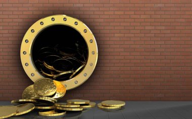 3D illüstrasyon kırmızı tuğla arka plan üzerinde paralar depolama